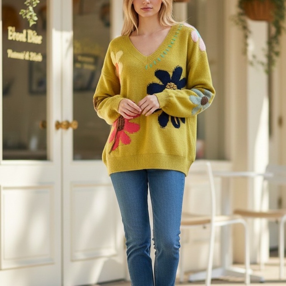 POL Chartreuse Oversized V-Neck Boho Sweater with‎ Floral Design Women Small